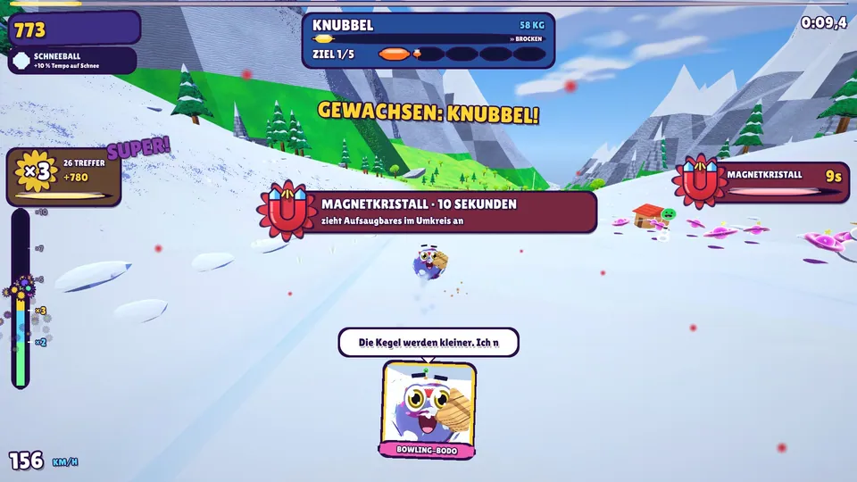 Echte Spielszene: Combo ×3 „SUPER!“, Bodo wächst zum Knubbel, dazu der Hinweis „Magnetkristall · 10 Sekunden“
