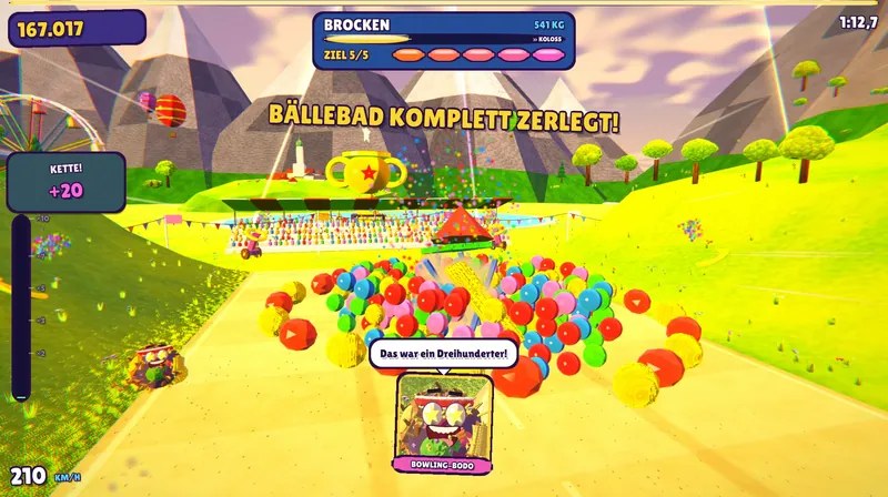Spielszene: Bällebad komplett zerlegt – Zielanzeige 5 von 5 und Bodos Spruch