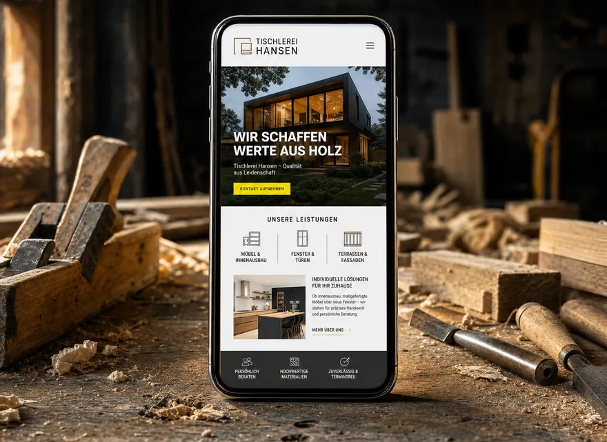 Smartphone mit einer fertigen Handwerker-Website auf einer Werkbank zwischen Hobel und Stechbeiteln