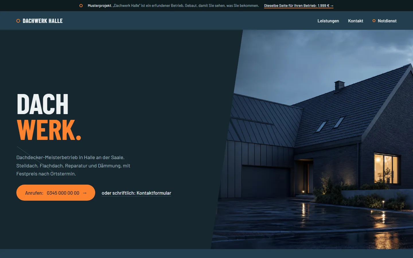 Startseite der Demo-Website Dachwerk Halle