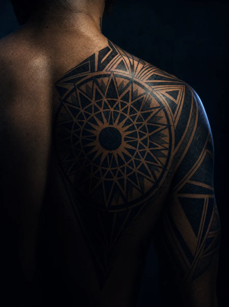 Geometrisches Blackwork über einem Schulterblatt