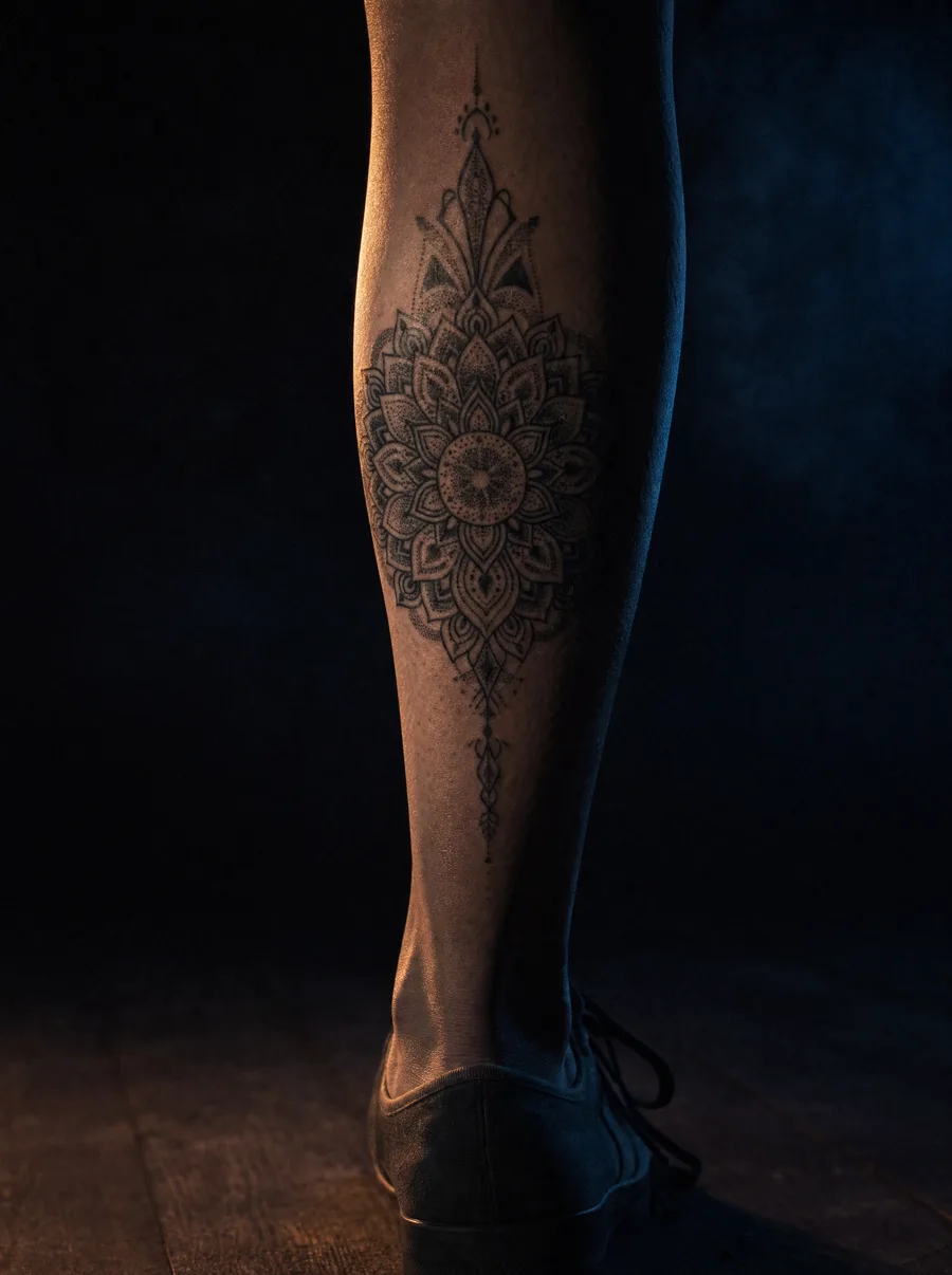 Ornamentales Mandala in Punktarbeit auf einer Wade